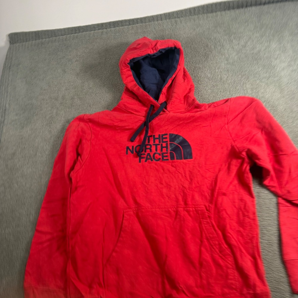 The North Face Mens Red Pullover Hoodie Navy Blue Logo Sweatshirt Size L